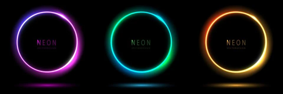 Gradient neon circle frame. collection of round glowing neon lighting on da.. Stock-Illustration