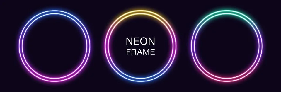 Gradient neon circle Frame. Vector set of round neon Border with double outli Stock Illustration