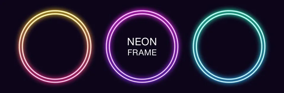 Gradient neon circle Frame. Vector set of round neon Border with double outli Stock Illustration