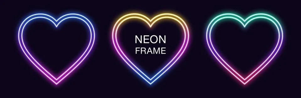 Gradient neon heart Frame. Vector set of romantic neon Border with double out Stock Illustration