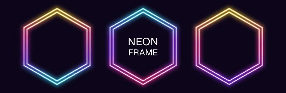 Gradient neon hexagon Frame. Vector set of hexagonal neon Border with double  Stockillustratie