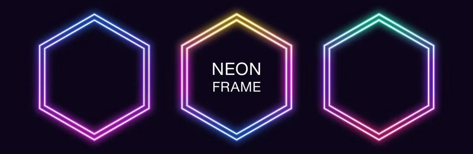 Gradient neon hexagon Frame. Vector set of hexagonal neon Border with double  Stock Illustration