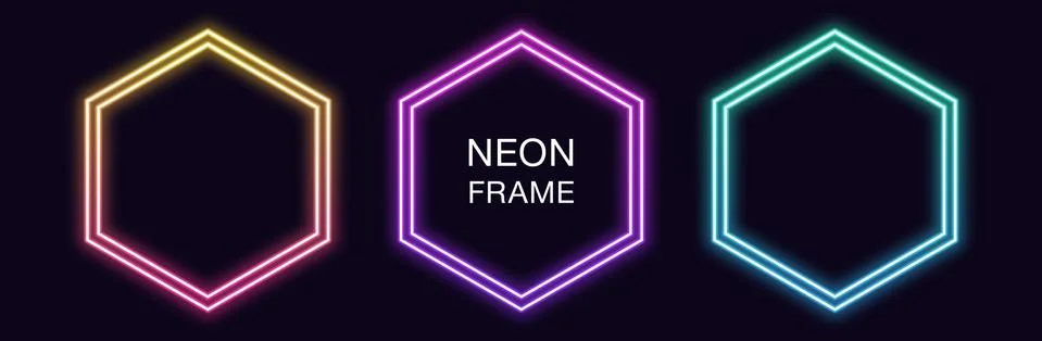Gradient neon hexagon Frame. Vector set of hexagonal neon Border with double  Stock Illustration