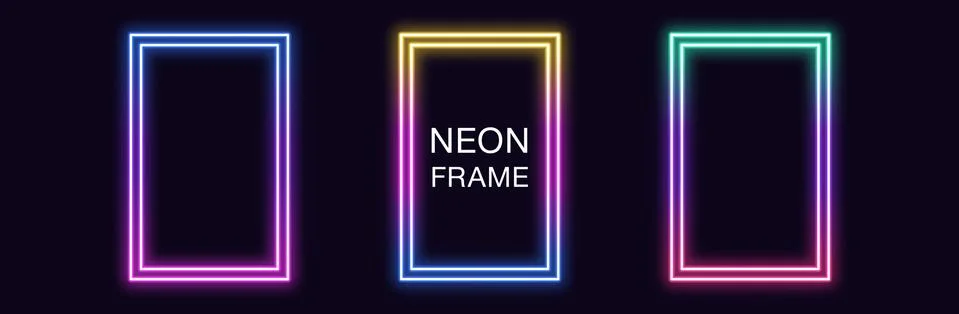 Gradient neon rectangle Frame. Vector set of rectangular neon Border with dou Stock Illustration