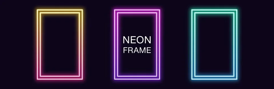 Gradient neon rectangle Frame. Vector set of rectangular neon Border with dou Stock Illustration