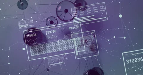 Gradient opening starting network nodes moving, panels sliding and numbers Stock Footage 313640043