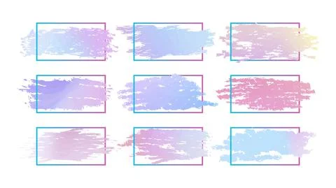 Gradient paint brush strokes set with geometric frames. Watercolor ink splashes Stock Illustration