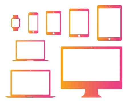 Gradient pink to orange mobile, tablet, laptop, computer, watch flat icon set 스톡 일러스트
