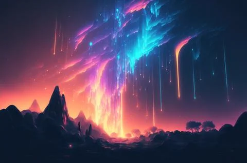 Gradient reflection god rays magic sunset in wonderland landscape neon lumi.. イラスト素材