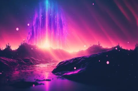 Gradient reflection god rays magic sunset in wonderland landscape neon lumi.. Illustrazione stock