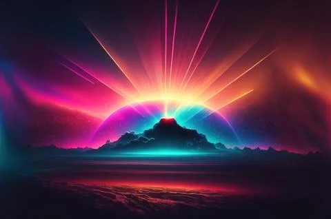 Gradient reflection god rays magic sunset in wonderland landscape neon lumi.. Illustrazione stock