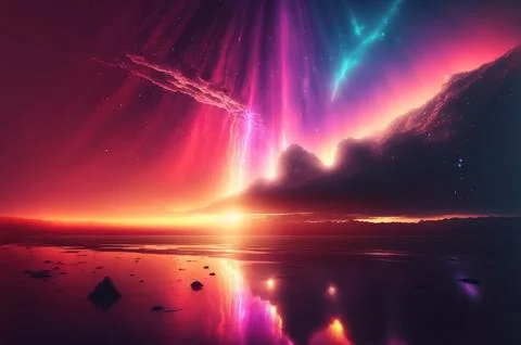 Gradient reflection god rays magic sunset in wonderland landscape neon lumi.. Illustrazione stock