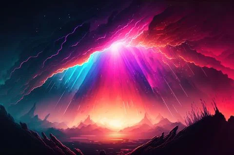 Gradient reflection god rays magic sunset in wonderland landscape neon lumi.. Illustrazione stock