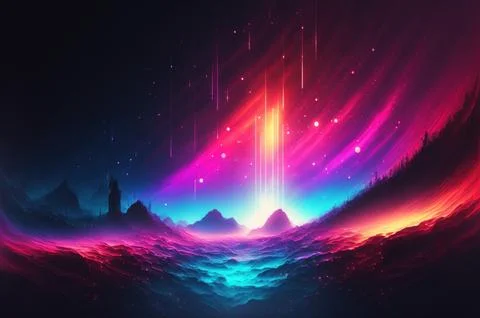 Gradient reflection god rays magic sunset in wonderland landscape neon lumi.. Illustrazione stock