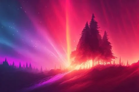 Gradient reflection god rays magic sunset in wonderland landscape neon lumi.. イラスト素材