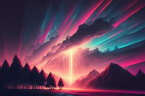 Gradient reflection god rays magic sunset in wonderland landscape neon lumi.. Stock Illustration