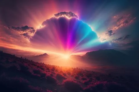 Gradient reflection god rays magic sunset in wonderland landscape neon lumi.. Illustrazione stock