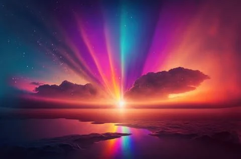 Gradient reflection god rays magic sunset in wonderland landscape neon lumi.. Stockillustratie