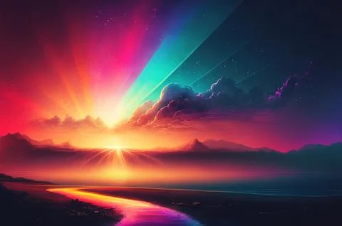 Gradient reflection god rays magic sunset in wonderland landscape neon lumi.. Stock Illustration