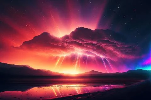 Gradient reflection god rays magic sunset in wonderland landscape neon lumi.. 스톡 일러스트