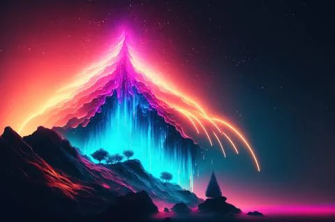 Gradient reflection god rays magic sunset in wonderland landscape neon lumi.. Stock Illustration