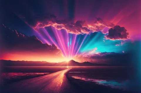 Gradient reflection god rays magic sunset in wonderland landscape neon lumi.. Illustrazione stock