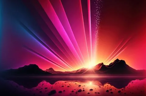 Gradient reflection god rays magic sunset in wonderland landscape neon lumi.. Illustrazione stock