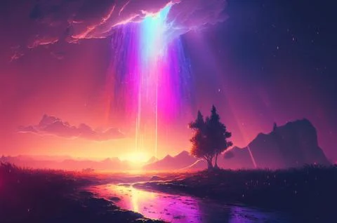 Gradient reflection god rays magic sunset in wonderland landscape neon lumi.. Illustrazione stock