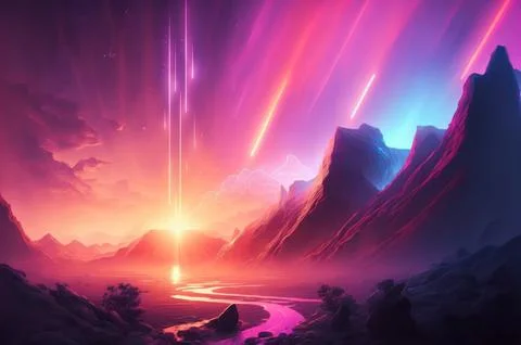 Gradient reflection god rays magic sunset in wonderland landscape neon lumi.. 스톡 일러스트