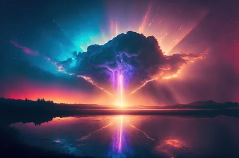 Gradient reflection god rays magic sunset in wonderland landscape neon lumi.. Illustrazione stock
