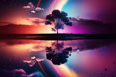 Gradient reflection god rays magic sunset in wonderland landscape neon lumi.. Stockillustratie