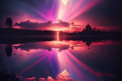 Gradient reflection god rays magic sunset in wonderland landscape neon lumi.. 스톡 일러스트