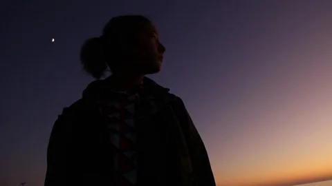 Gradient sky, moon, girl Stock Footage 123208666