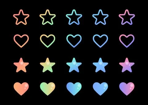 Gradient soft hearts and stars in bold and line variants, buttons, shapes Stock Illustration