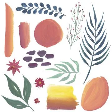 Gradient spots and tropical plants. Set of abstract elements. Stock Illustration