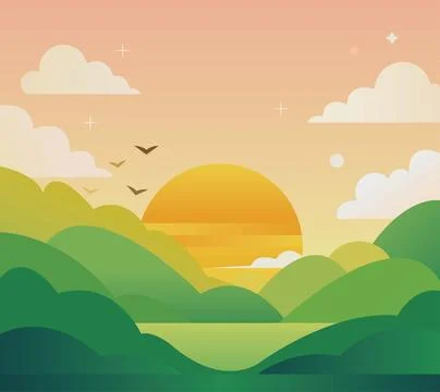 Gradient spring landscape with sun. landscape with hills and mountains. イラスト素材