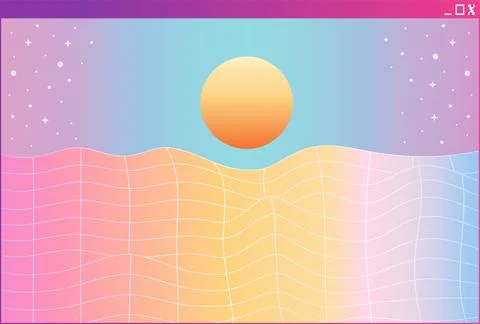 Gradient sun disk is hovering over wavy grid landscape in vaporwave style, Ilustração Stock