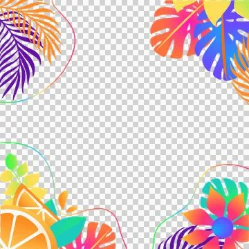Gradient tropical frame showing leaves, citrus, flowers, wavy lines, clear 库存插图