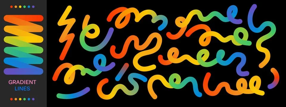 Gradient wavy doodle shapes. Bright rainbow lines with fluid color and play.. Illustrazione stock