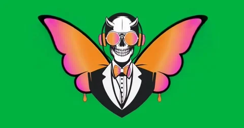 Gradient wings emerging behind skull expanding and dripping paint to frame logo Stock Footage 317212699