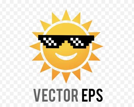 Gradient yellow and orange sun icon with smily face and pixel sunglasses Illustrazione stock