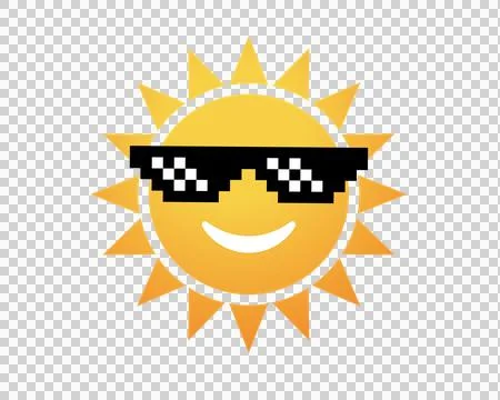Gradient yellow and orange sun icon with smily face and pixel sunglasses Stock Illustration