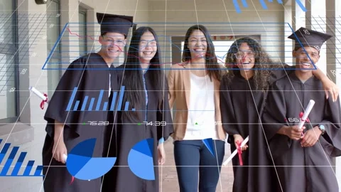 Grads and guide lining hall with diplomas for grad, frames advancing, blue Stock Footage 333278421