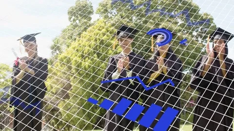 Grads standing on lawn, blue chart sweeping across spurring clapping and raising Stock Footage 333720236
