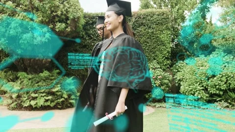 Grads walking left on cue, fixing caps, with diplomas, teal AR obscuring code Stock Footage 333936590