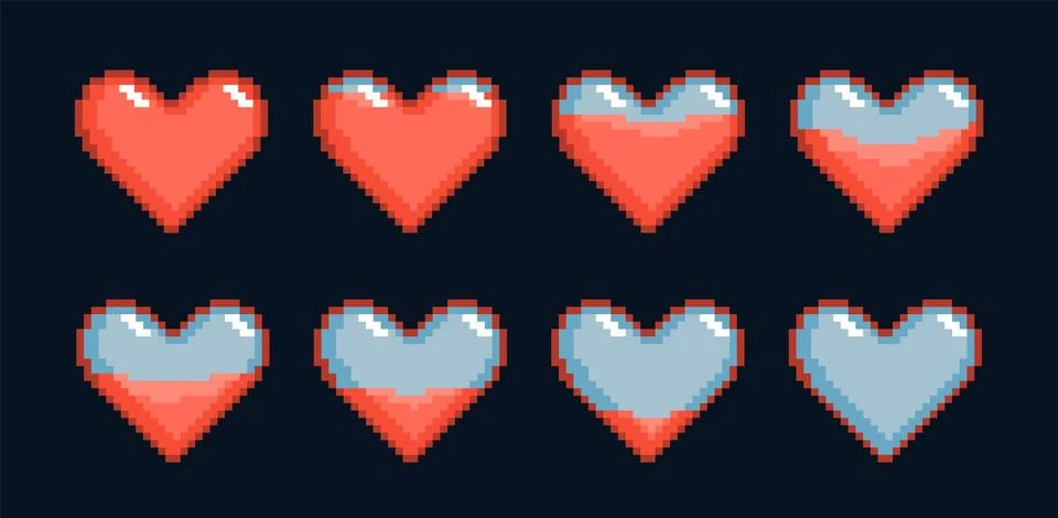 Gradual decrease in life indicator. Pixel heart, health bar level lowering 库存插图