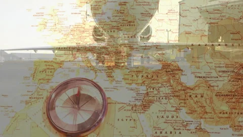 Gradual map overlay initiating brass compass while jet nose taxiing showing Stock Footage 314408818