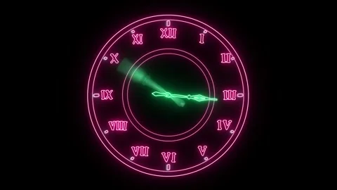 Gradually accelerating hands of a mangent-colored watch glow neon with Arabic Stock Footage 311478629
