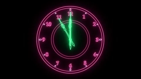 Gradually accelerating hands of a mangent-colored watch glow neon with Latin Stock Footage 313676454