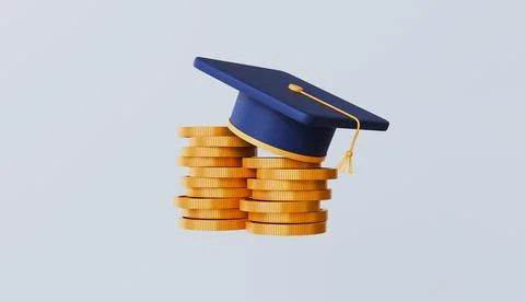 Graduate cap and stack of golden coins, Scholarship, High school tuition Stock Illustration